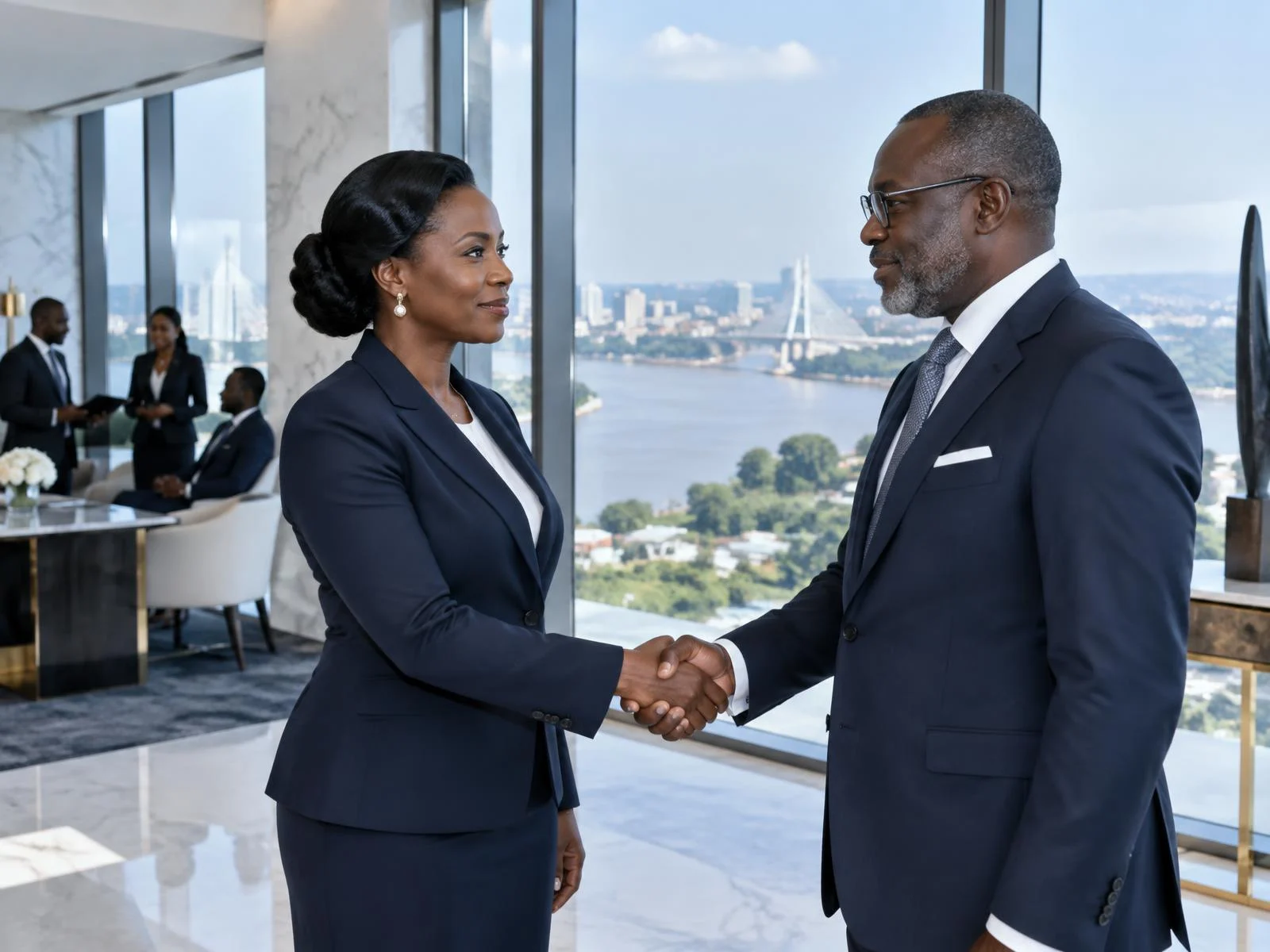 Poignée de main entre deux dirigeants scellant un partenariat financier à Brazzaville